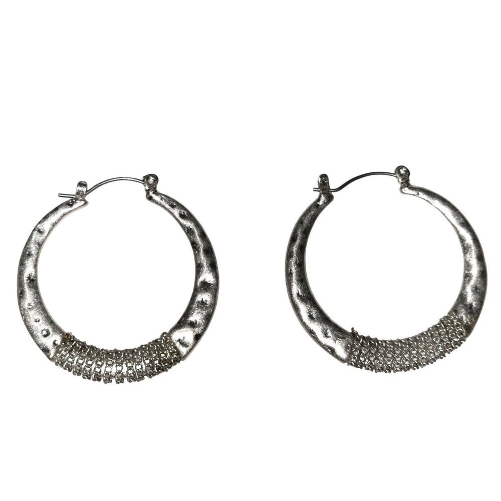 Lucky Brand Silver Hammered Hoop Earrings Wire Wrapped Boho Medium 1.25 Inch